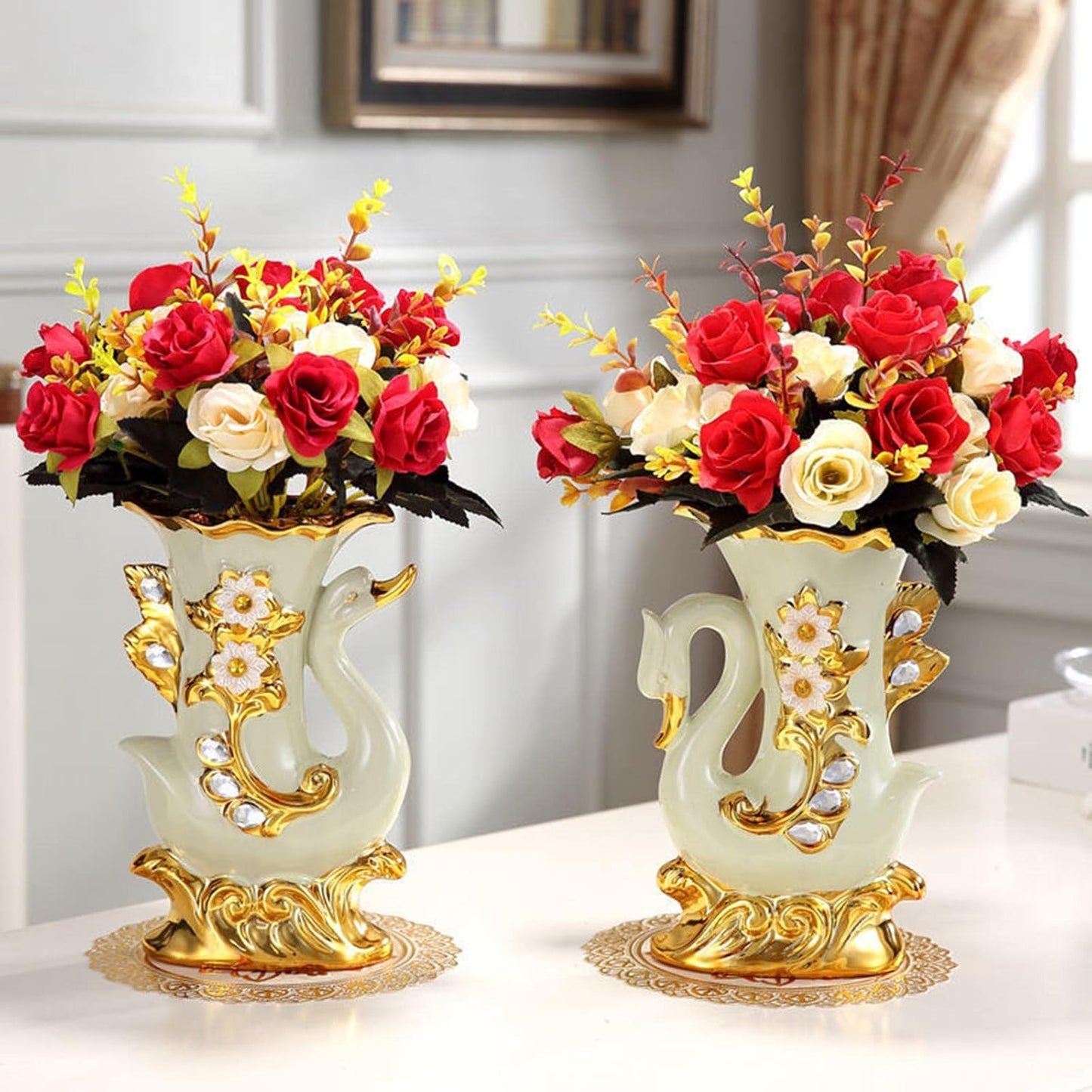 Ceramic Vase European Design Decorative Flower Vase for Home, Home, Office, Centerpiece,Table, White Gold, Right Swan