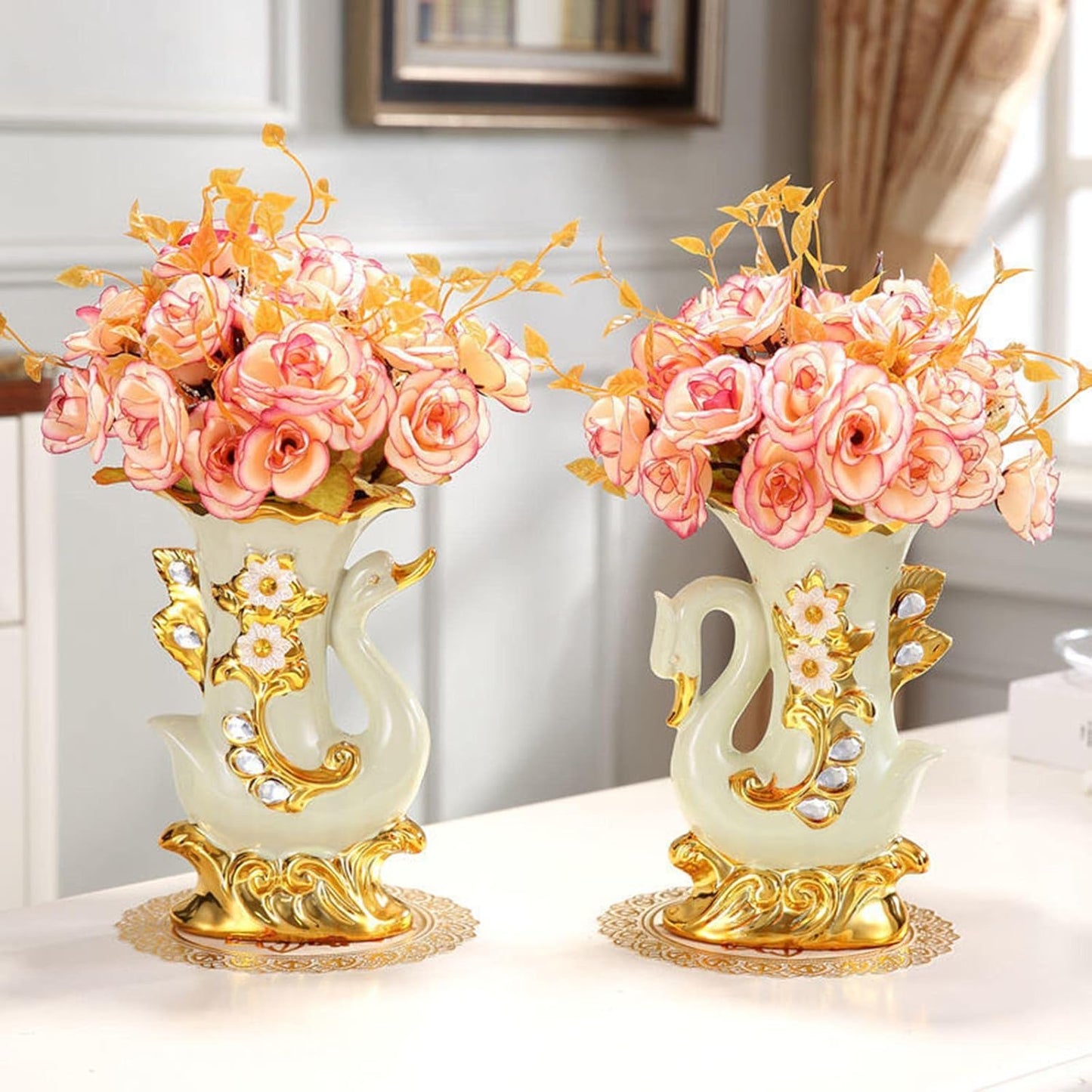 Ceramic Vase European Design Decorative Flower Vase for Home, Home, Office, Centerpiece,Table, White Gold, Right Swan