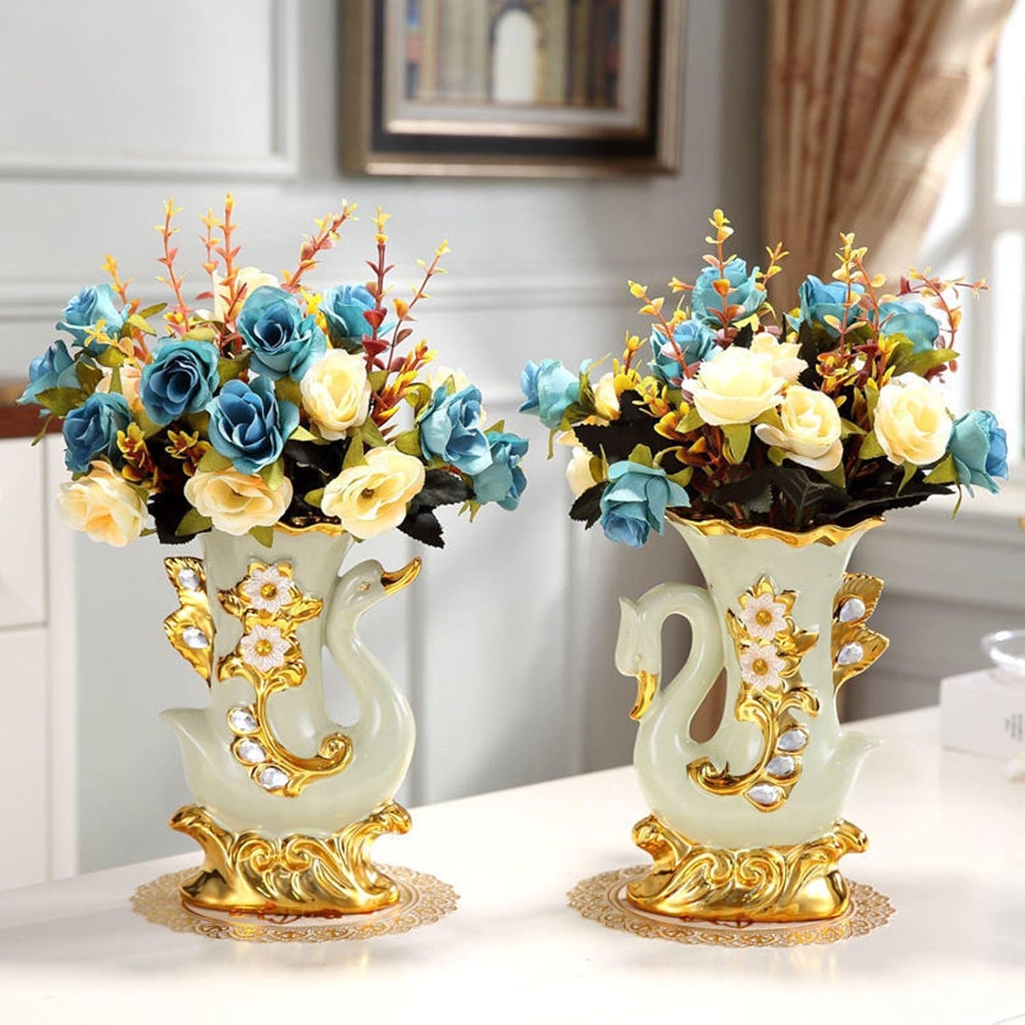 Ceramic Vase European Design Decorative Flower Vase for Home, Home, Office, Centerpiece,Table, White Gold, Right Swan