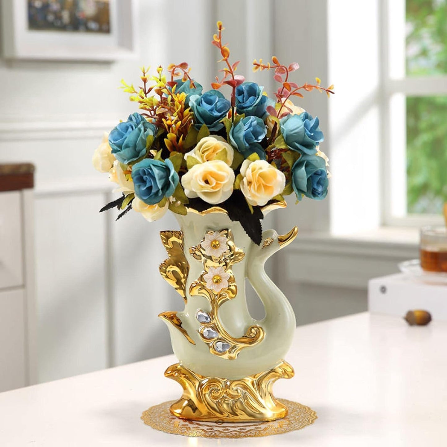 Ceramic Vase European Design Decorative Flower Vase for Home, Home, Office, Centerpiece,Table, White Gold, Right Swan
